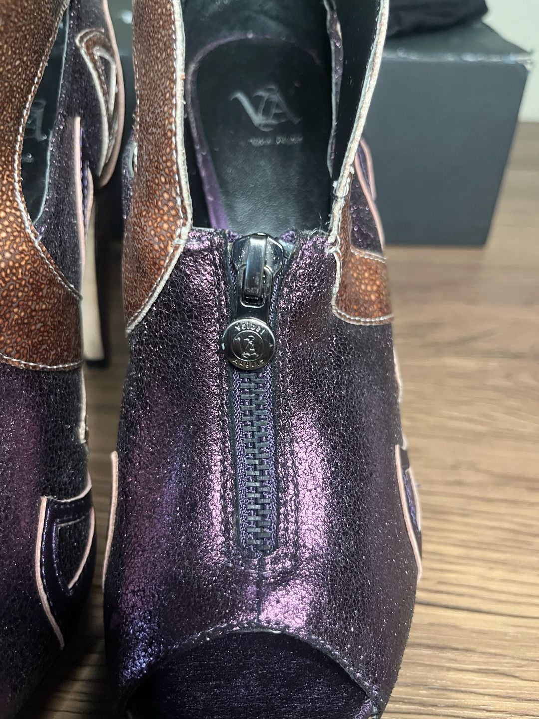 Velvet Angels Falcon Purple Glitter Leather Cutout Peep Toe Zip Heels Size 38 9