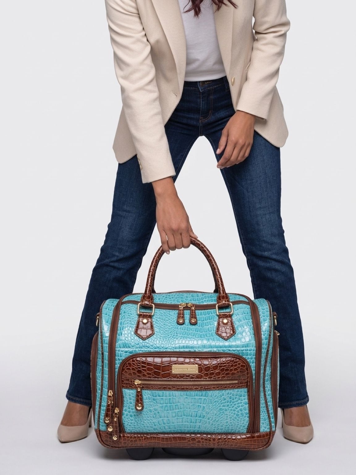 NEW SAMANTHA BROWN ROLLING EMBOSSED BABY CROC WHEELED WEEKENDER RADIANT ORCHID 3