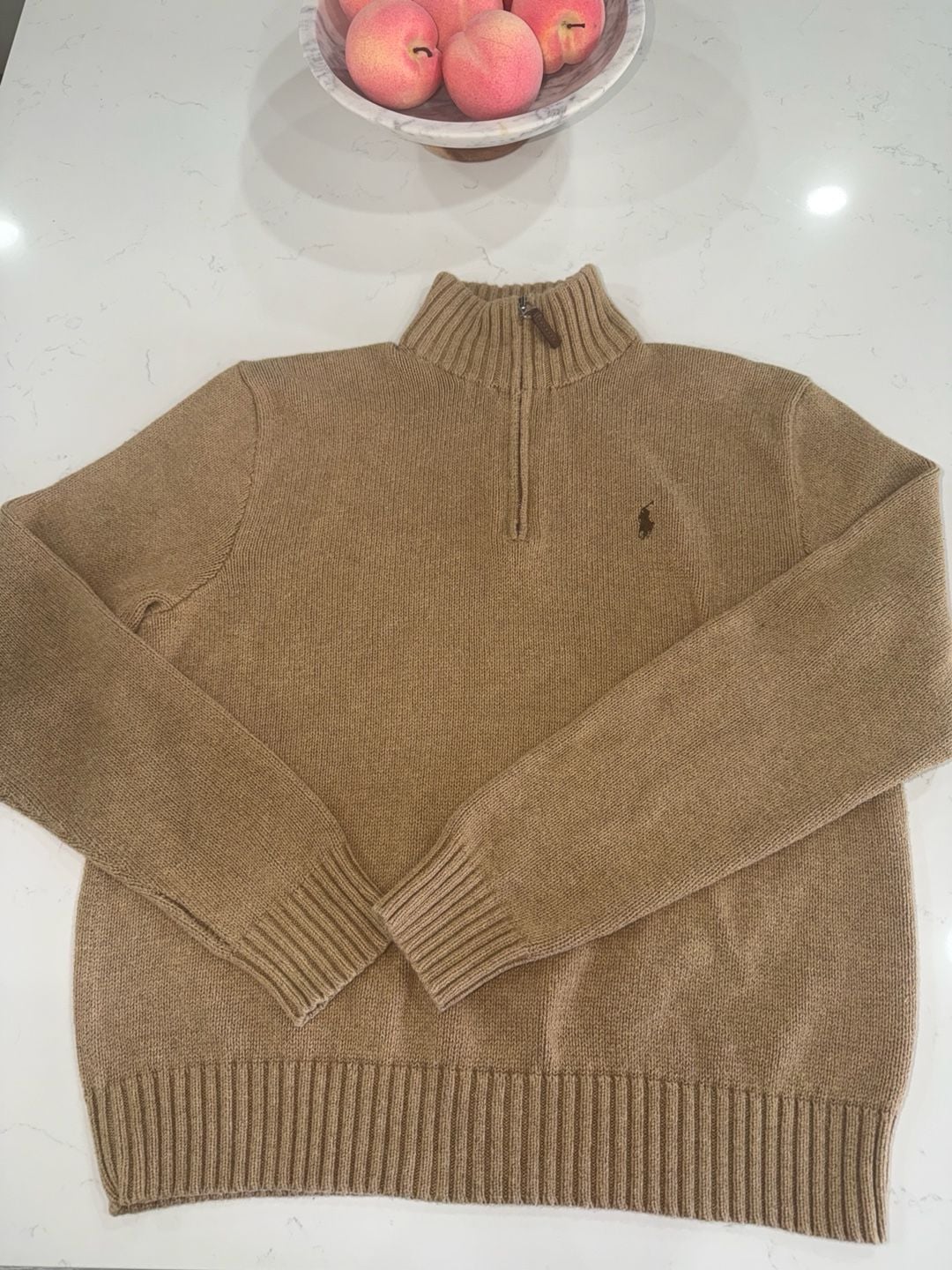 Polo Ralph Lauren Men's Medium Tan Brown 100% Pima Cotton Half Zip Ribbed Pullover Sweater 3