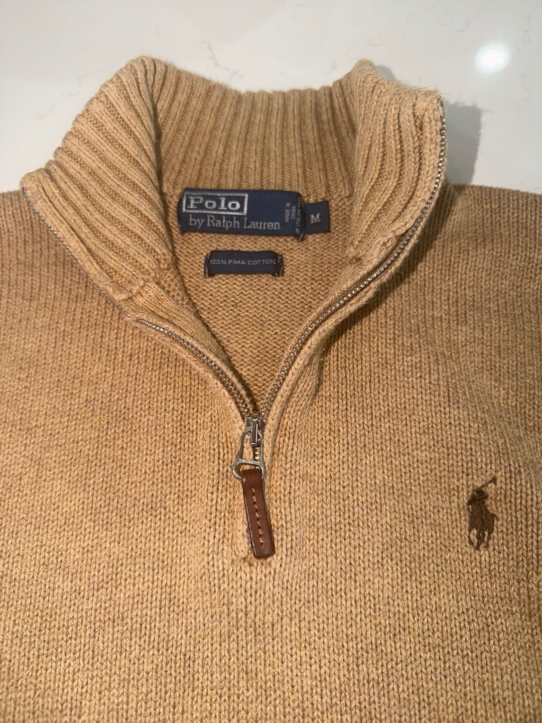 Polo Ralph Lauren Men's Medium Tan Brown 100% Pima Cotton Half Zip Ribbed Pullover Sweater 4