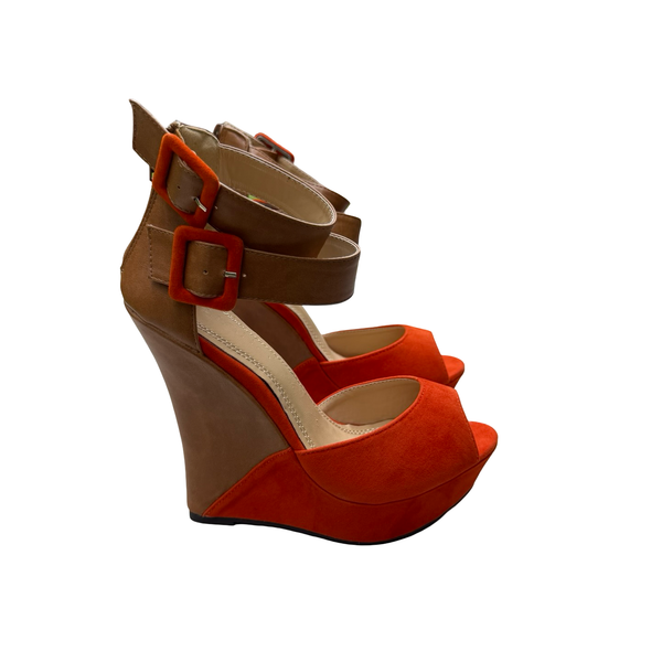Liliana Monaco Orange Suede and Tan Wedge Heel Platform Sandals Size 7.5
