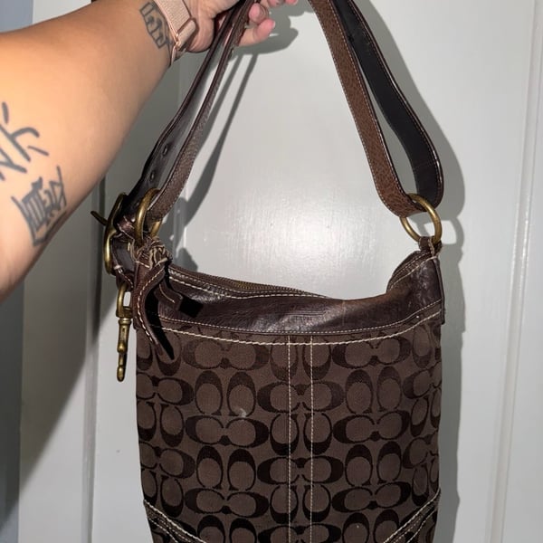 Coach Signature C Brown Canvas and Leather Convertible Shoulder Bag Crossbody