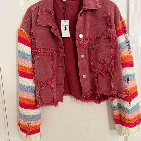 Toni Sinclaire rainbow knit sleeve distressed denim jacket cropped M NWT