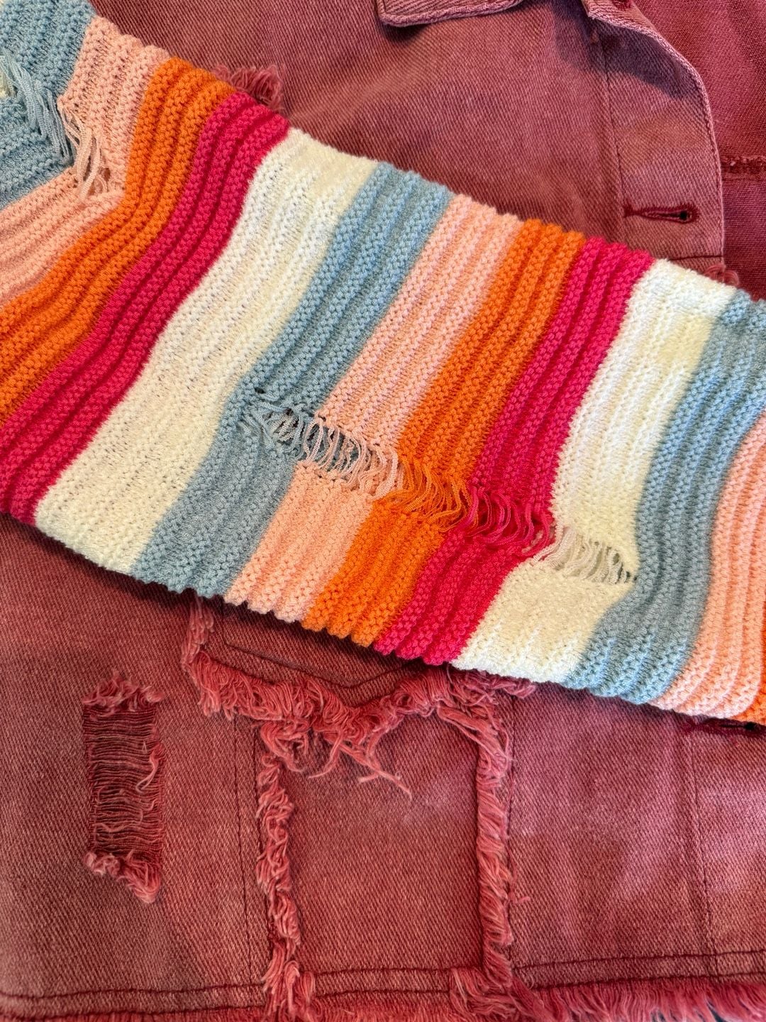 Toni Sinclaire rainbow knit sleeve distressed denim jacket cropped M NWT 9