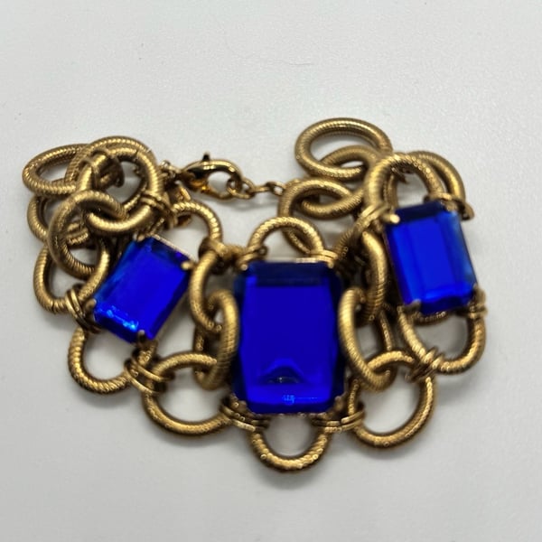Nolan Miller Gold Tone Rope Link Chain Bracelet with 3 Large Sapphire Crystals