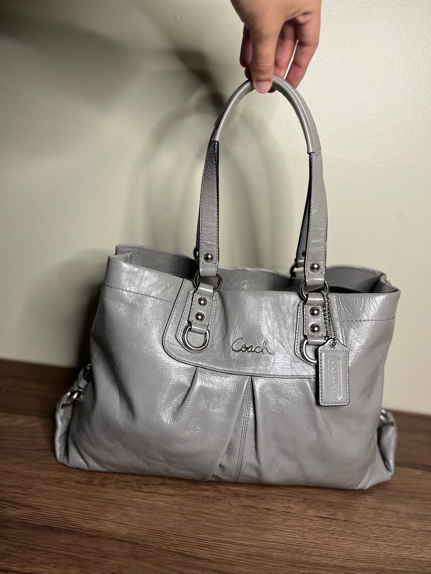 Coach Ashley F15516 Gray Patent Leather Ruched Satchel Shoulder Bag 8