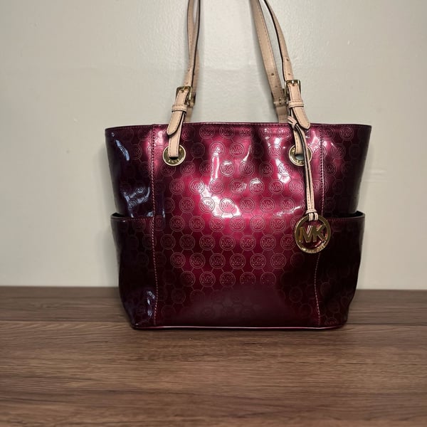 MICHAEL Michael Kors Jet Set Burgundy Patent Leather Monogram Tote Bag