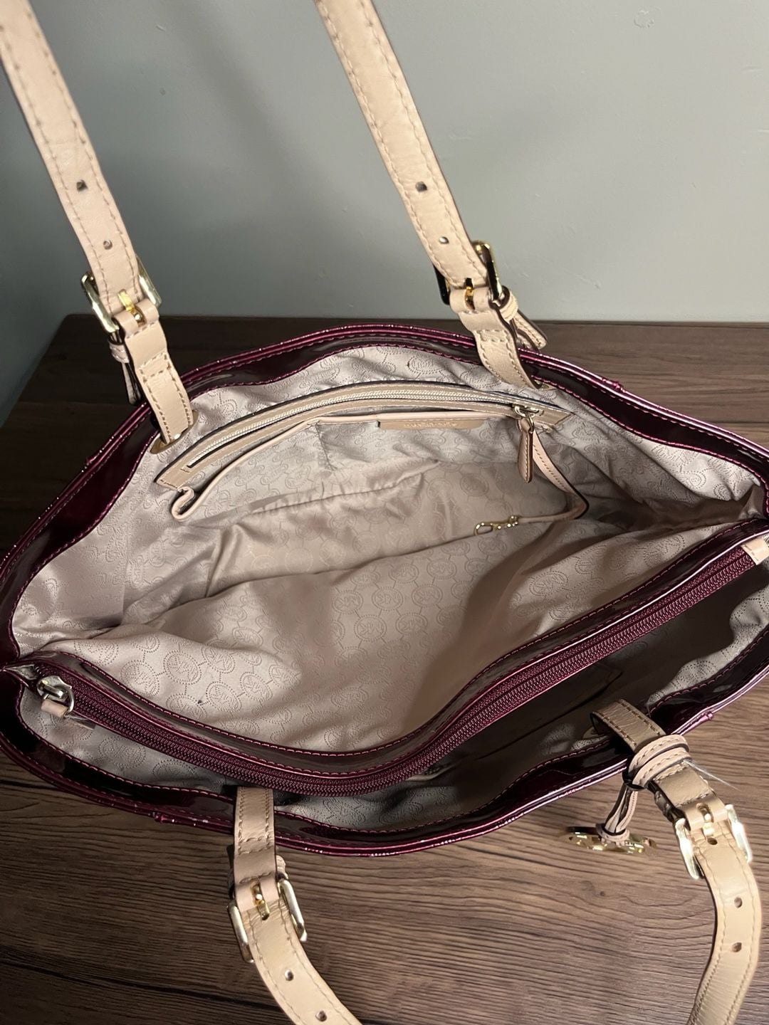 MICHAEL Michael Kors Jet Set Burgundy Patent Leather Monogram Tote Bag 5