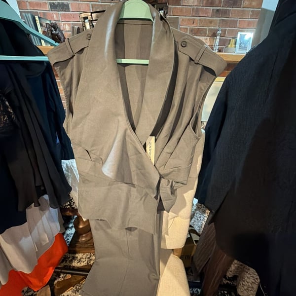 Commense Taupe Sleeveless Draped Wrap Vest and Pants Set