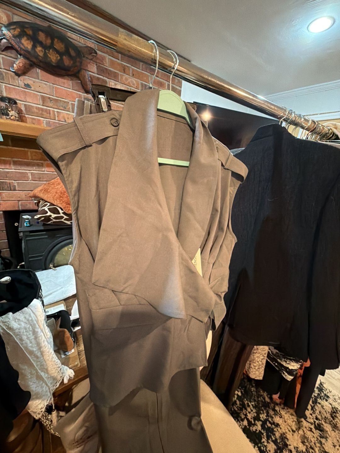 Commense Taupe Sleeveless Draped Wrap Vest and Pants Set 3