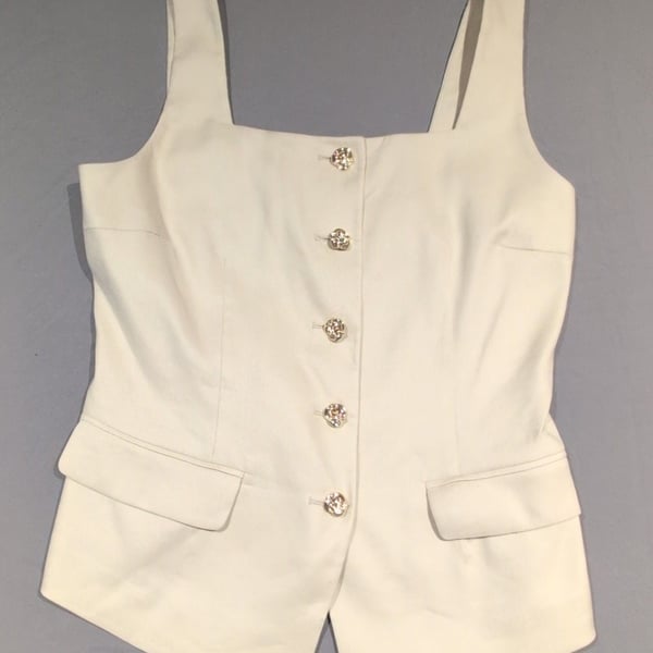 Elie Tahari White Square Neck Sleeveless Button Front Vest Top