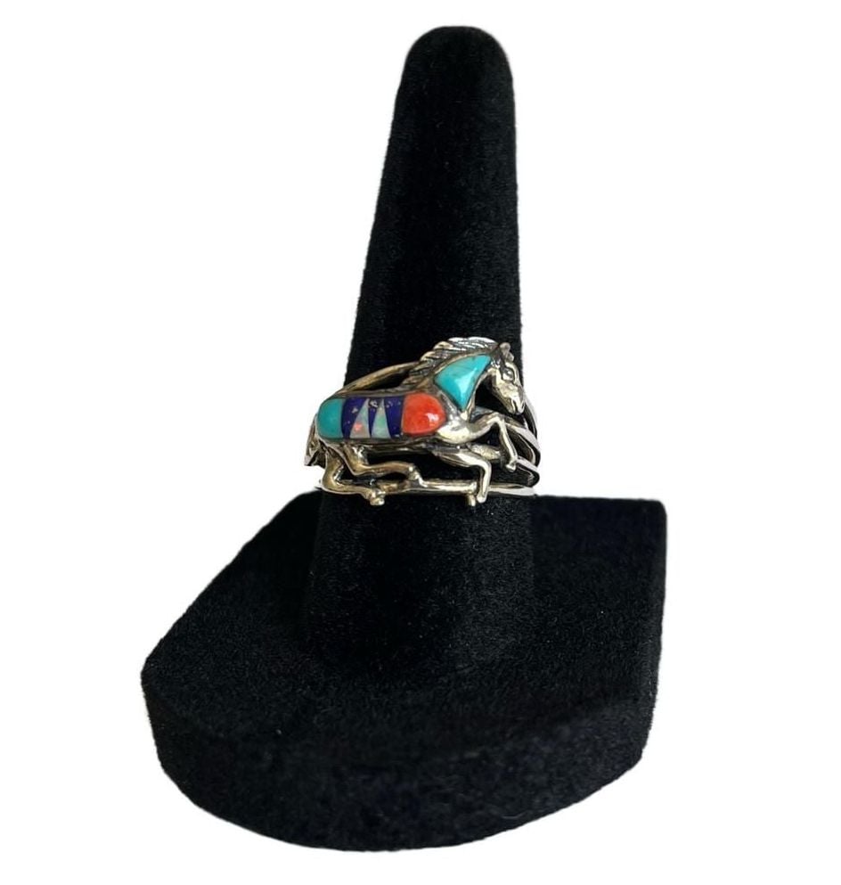 Vintage Southwestern Sterling Silver Multi-Stone Inlay Horse Ring  7 9
