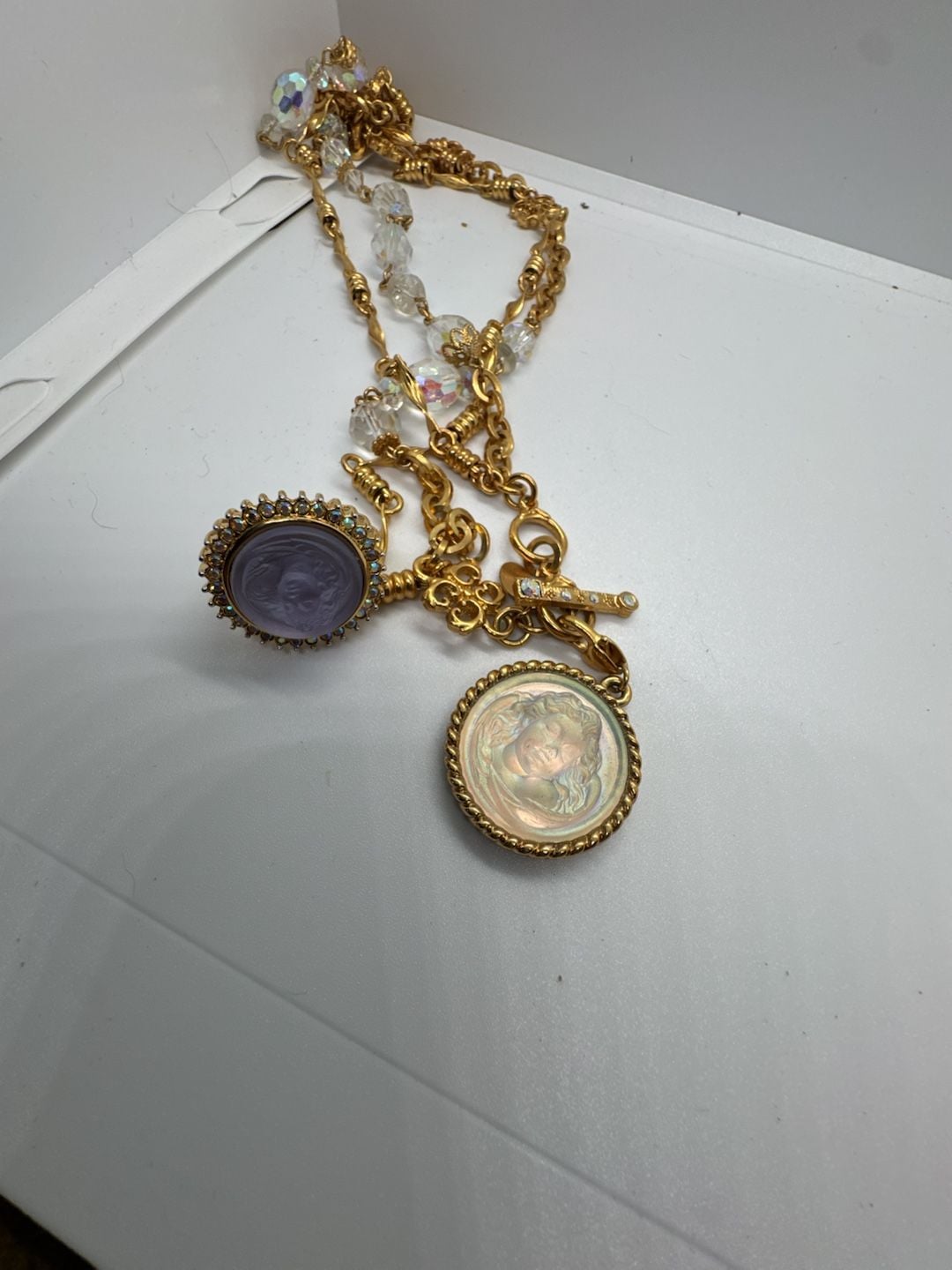 Vintage Kirks Folly Love Never Dies Cameo Pendant Charm Necklace with Ring and Crystals 1