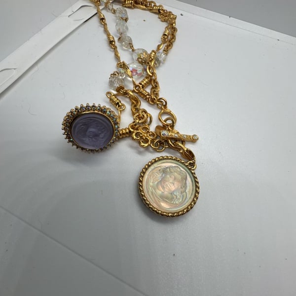 Vintage Kirks Folly Love Never Dies Cameo Pendant Charm Necklace with Ring and Crystals