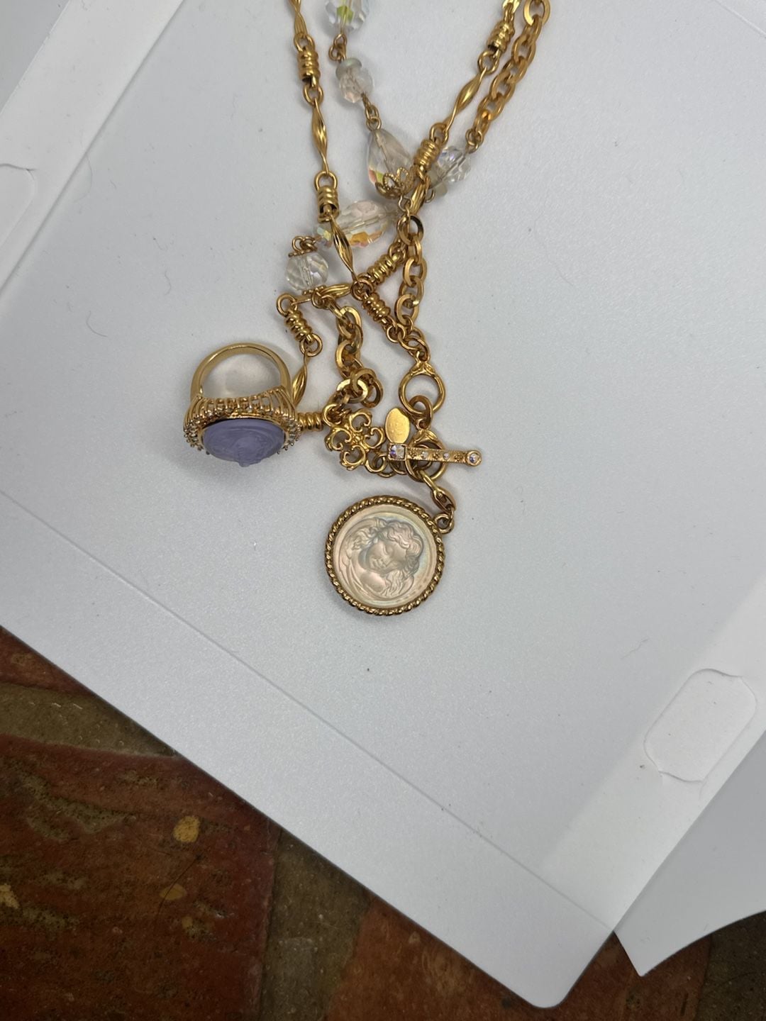 Vintage Kirks Folly Love Never Dies Cameo Pendant Charm Necklace with Ring and Crystals 2