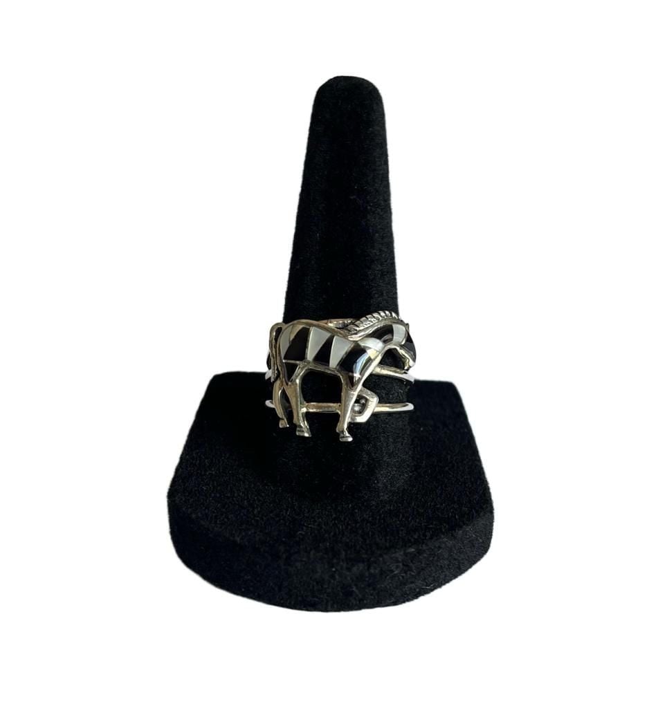 Vintage Sterling Silver Onyx & Howlite Inlay Horse Ring | Southwestern Ring 7.5 3