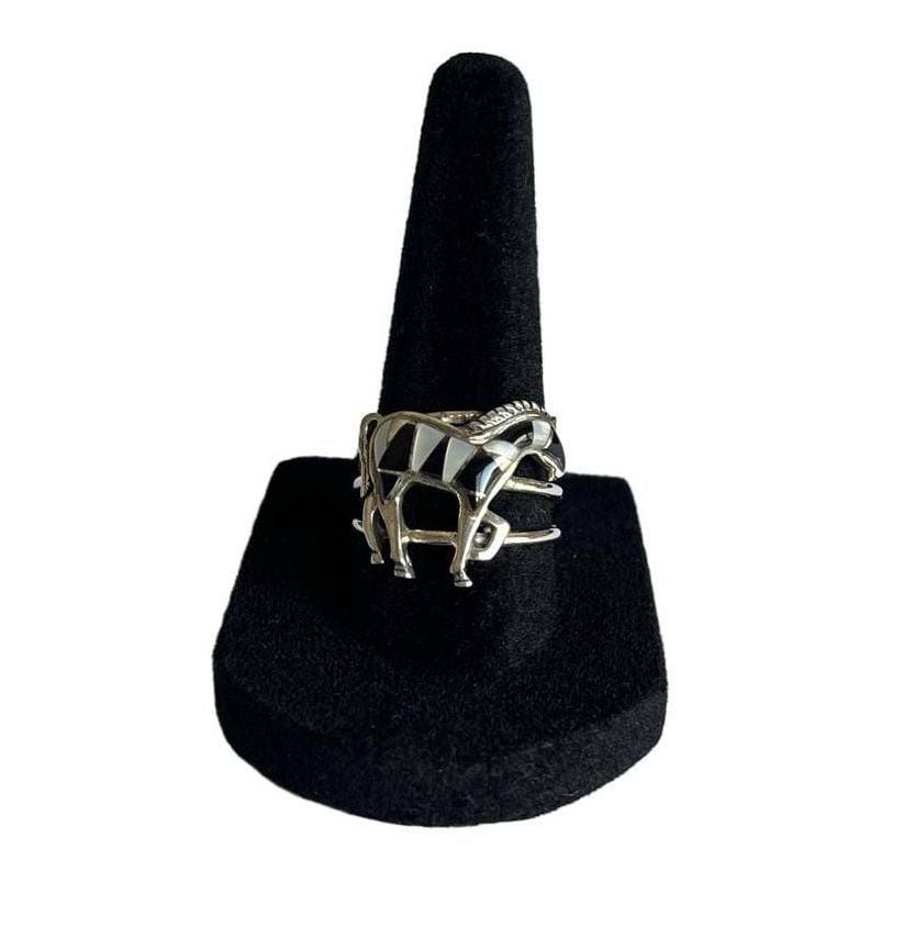 Vintage Sterling Silver Onyx & Howlite Inlay Horse Ring | Southwestern Ring 7.5 7