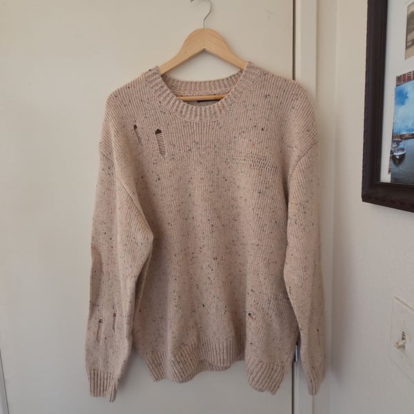 Zara Tan Marled Distressed Crewneck Knit Sweater
