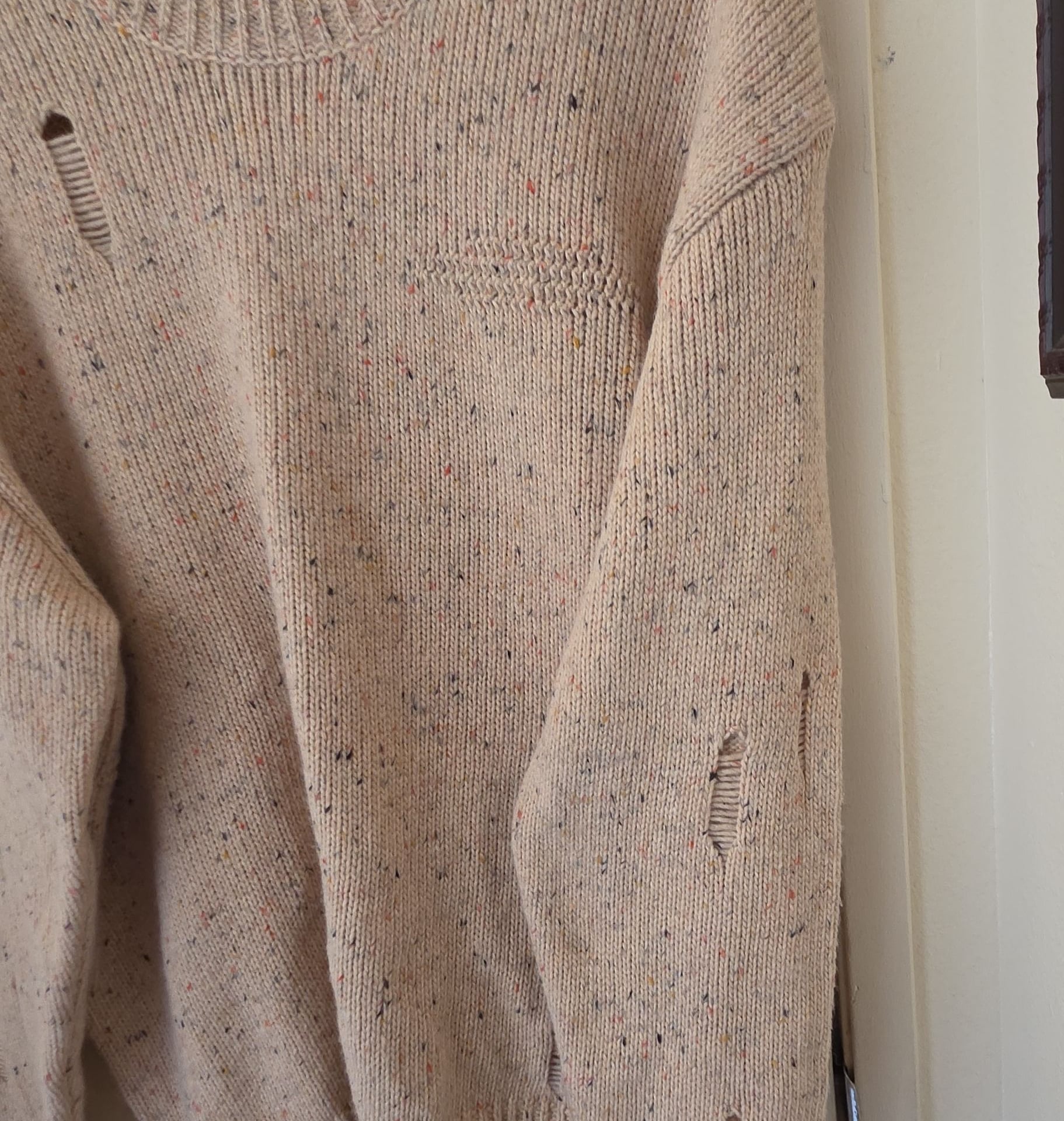 Zara Tan Marled Distressed Crewneck Knit Sweater 7