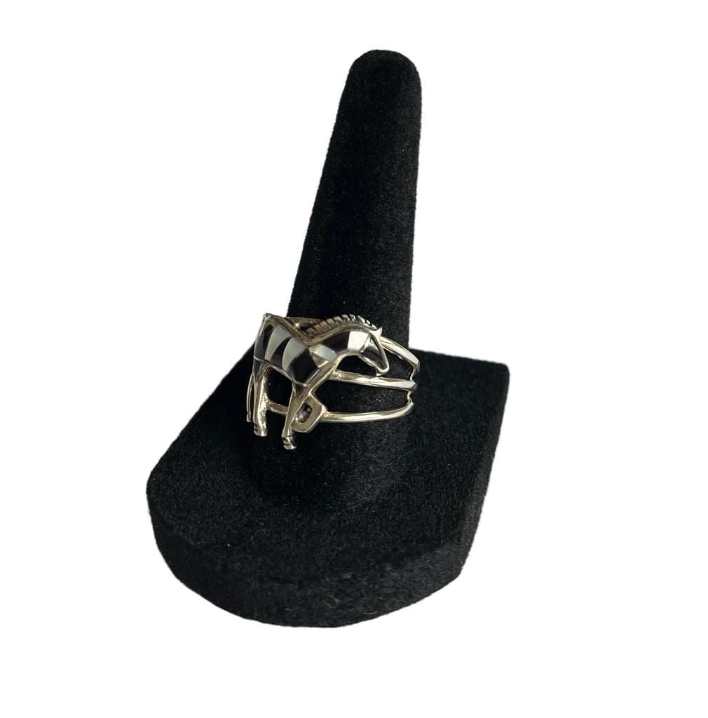 Vintage Sterling Silver Onyx & Howlite Inlay Horse Ring | Southwestern Ring 7.5 8