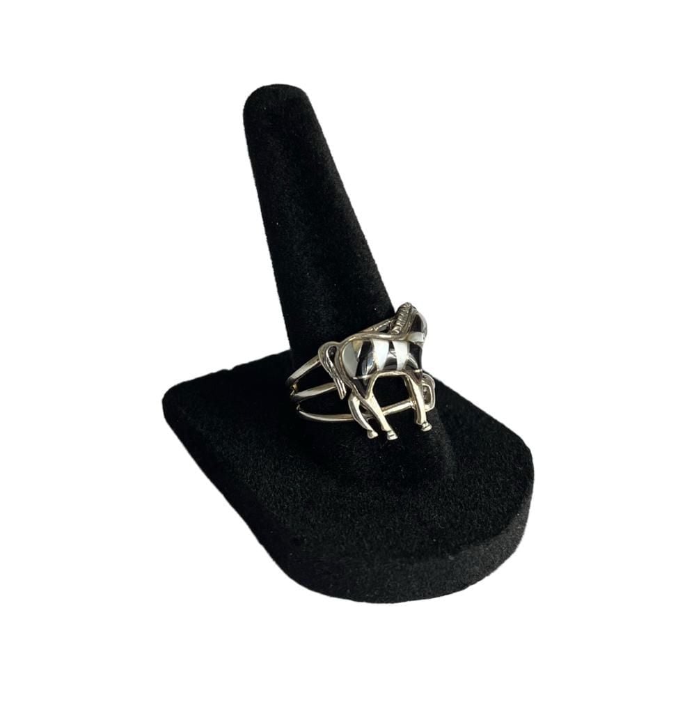 Vintage Sterling Silver Onyx & Howlite Inlay Horse Ring | Southwestern Ring 7.5 9