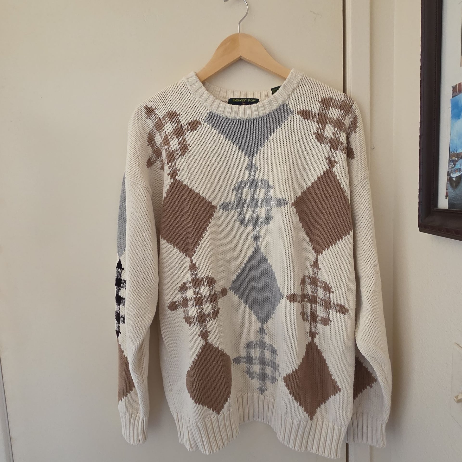 Embassy Row Vintage 100% Cotton Geometric Argyle Crewneck Sweater XL 2