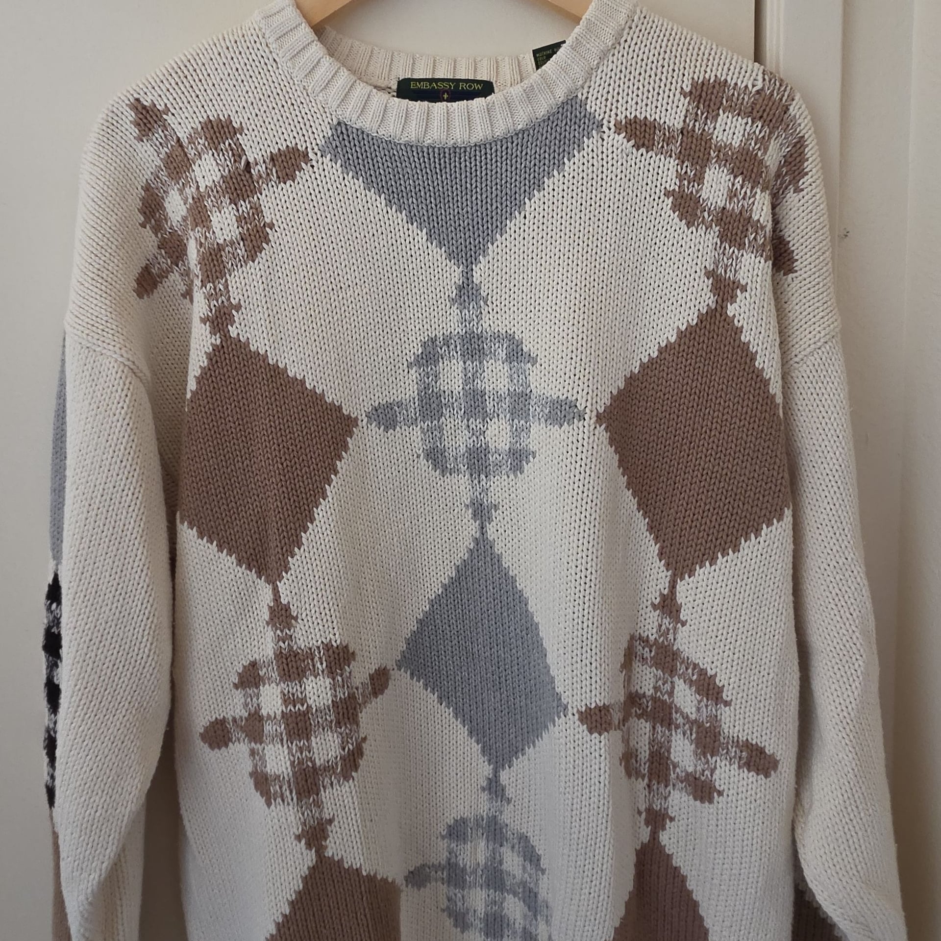 Embassy Row Vintage 100% Cotton Geometric Argyle Crewneck Sweater XL 3