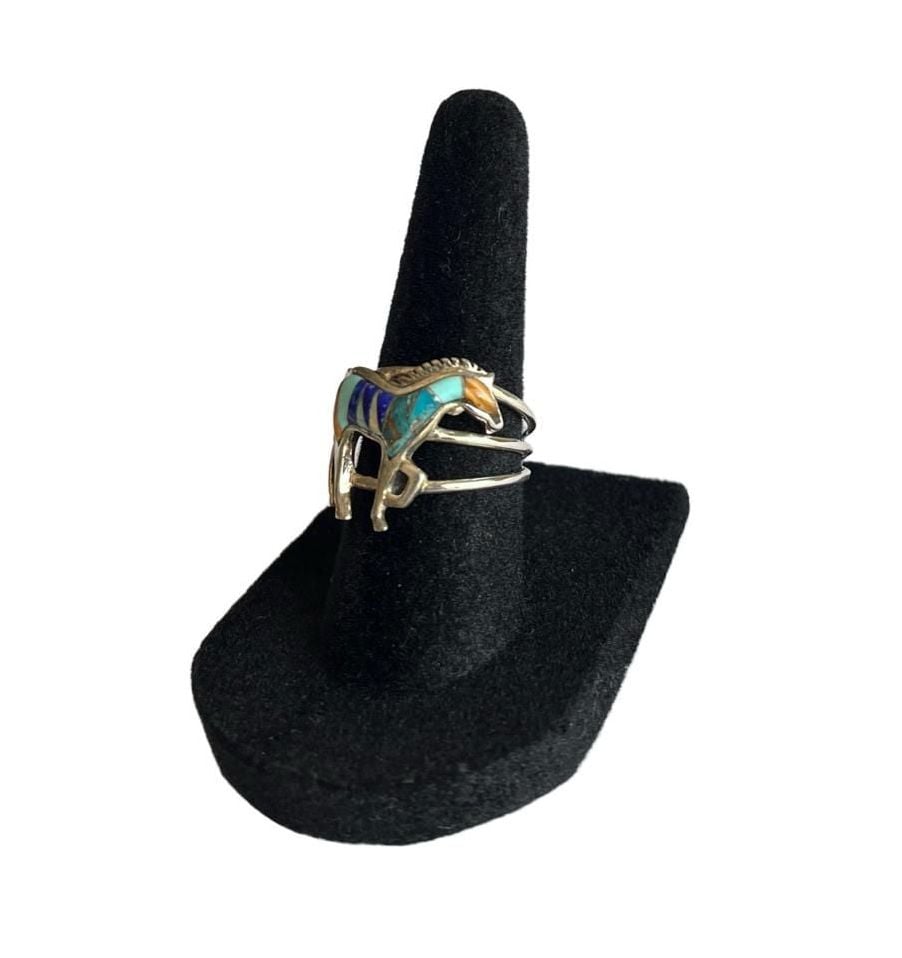 Vintage Southwestern Sterling Silver Multigem Inlay Horse Ring 5.5 5
