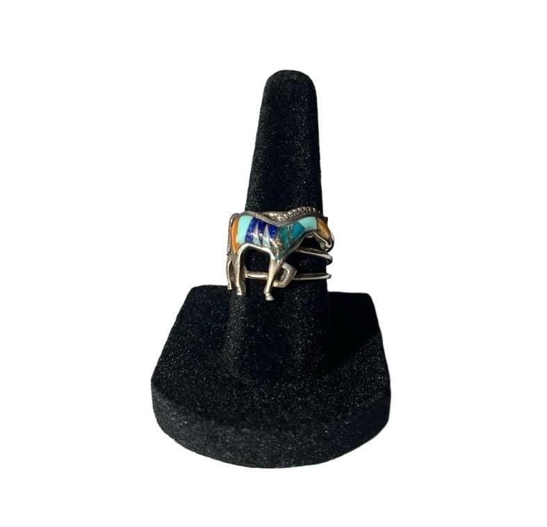Vintage Southwestern Sterling Silver Multigem Inlay Horse Ring 5.5 4