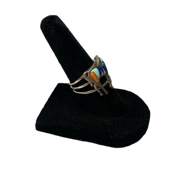 Vintage Southwestern Sterling Silver Multigem Inlay Horse Ring 5.5 6