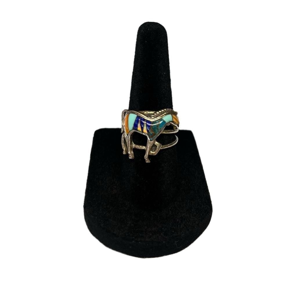 Vintage Southwestern Sterling Silver Multigem Inlay Horse Ring 5.5 8