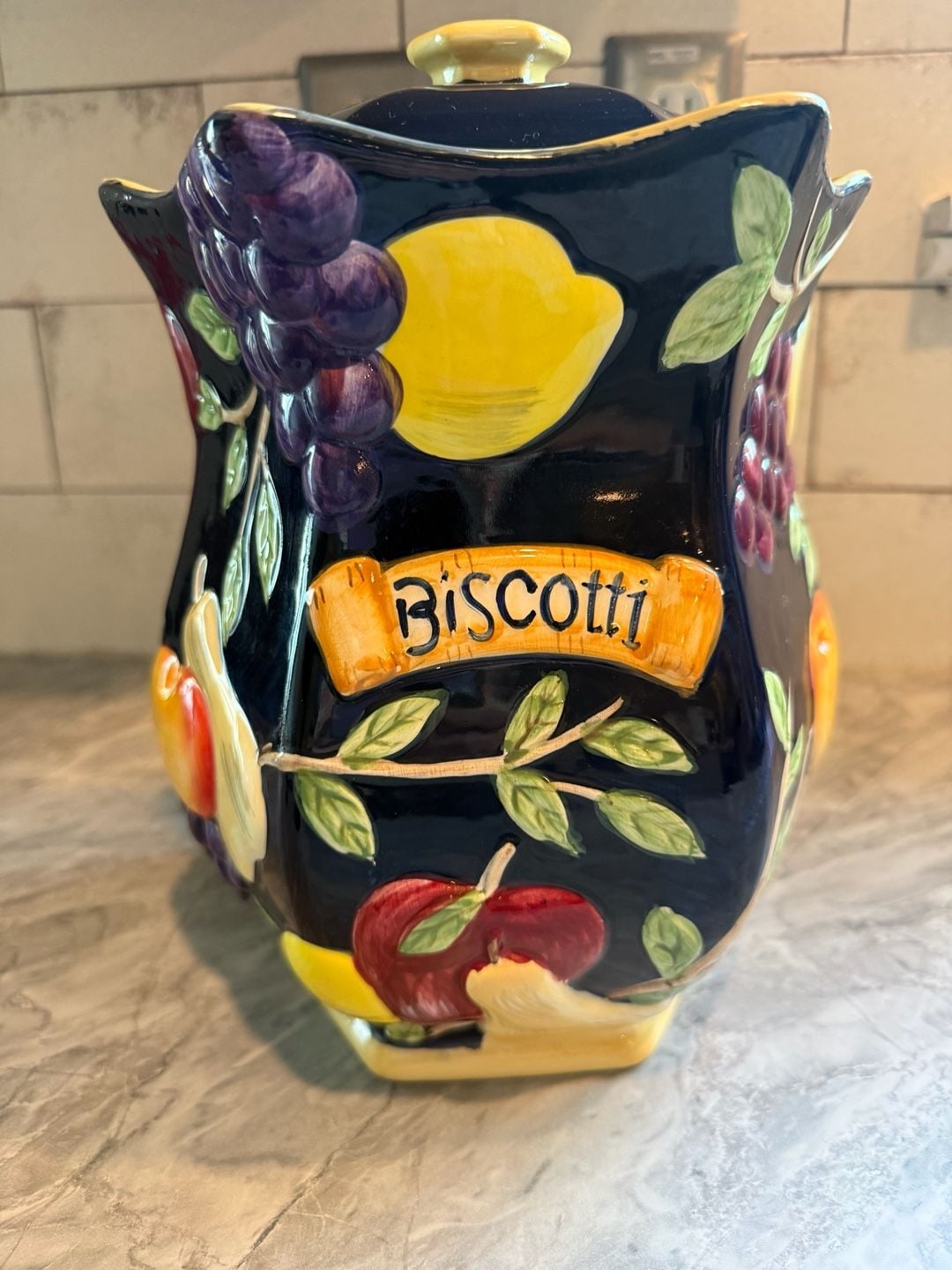 Vintage Hand Painted For Nonni's Dark Blue Fruit Biscotti Cookie Jar Canister 1