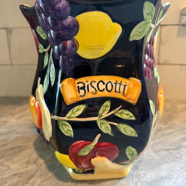 Vintage Hand Painted For Nonni's Dark Blue Fruit Biscotti Cookie Jar Canister