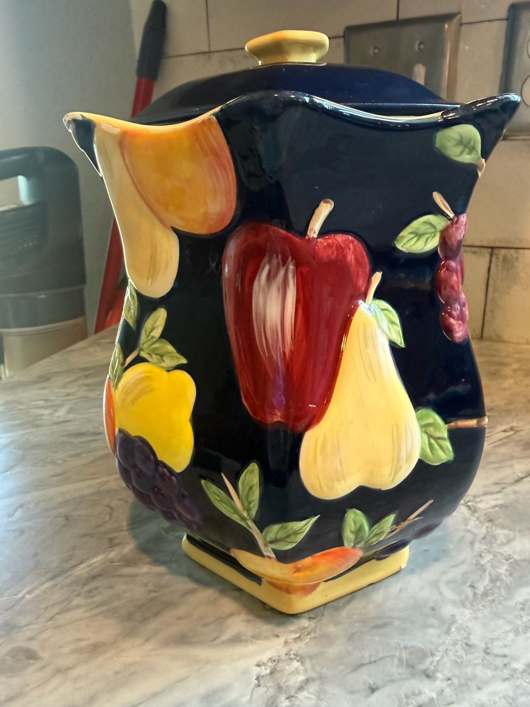 Vintage Hand Painted For Nonni's Dark Blue Fruit Biscotti Cookie Jar Canister 2