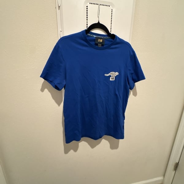 Cavalli Class Roberto Cavalli Blue Cheetah Logo Graphic T-Shirt Size L