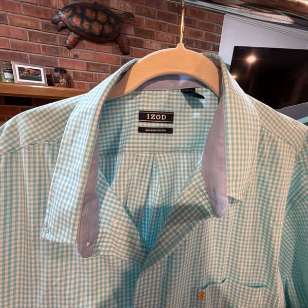 IZOD Mens XL Stretch Light Blue White Gingham Long Sleeve Button Down Shirt