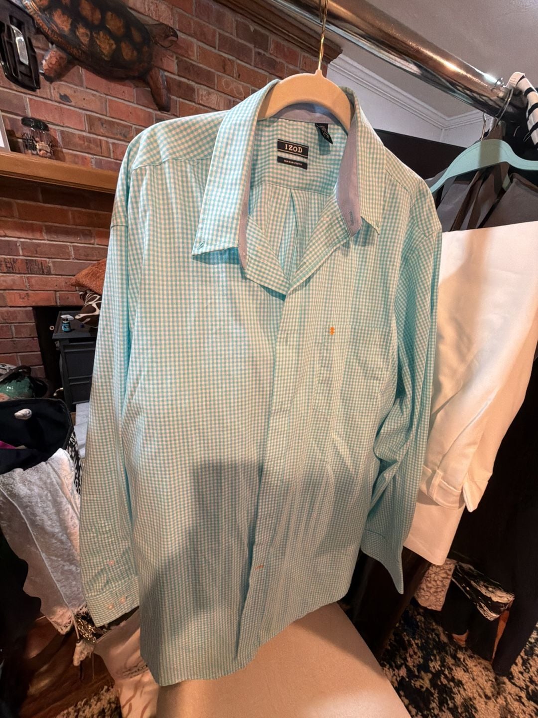 IZOD Mens XL Stretch Light Blue White Gingham Long Sleeve Button Down Shirt 4