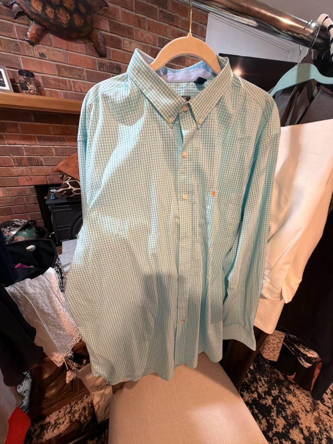 IZOD Mens XL Stretch Light Blue White Gingham Long Sleeve Button Down Shirt 6
