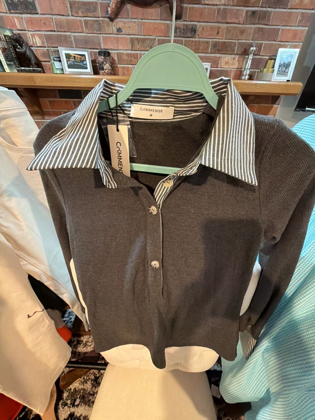 Commense Striped Shirt Panel Knit Top Grey Medium 2