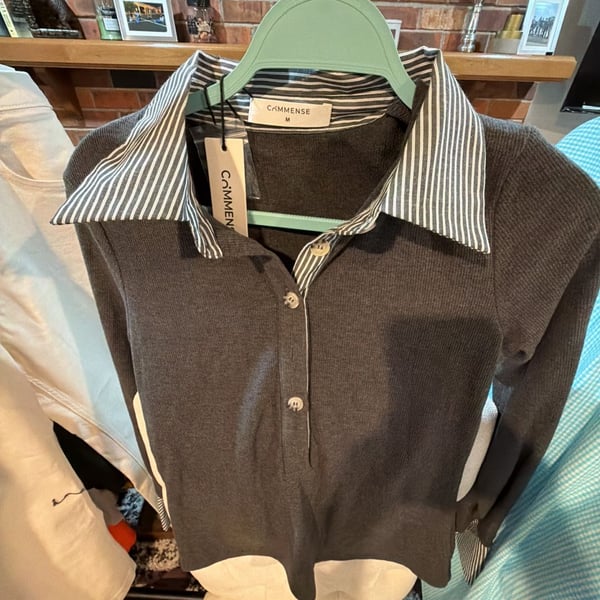 Commense Striped Shirt Panel Knit Top Grey Medium
