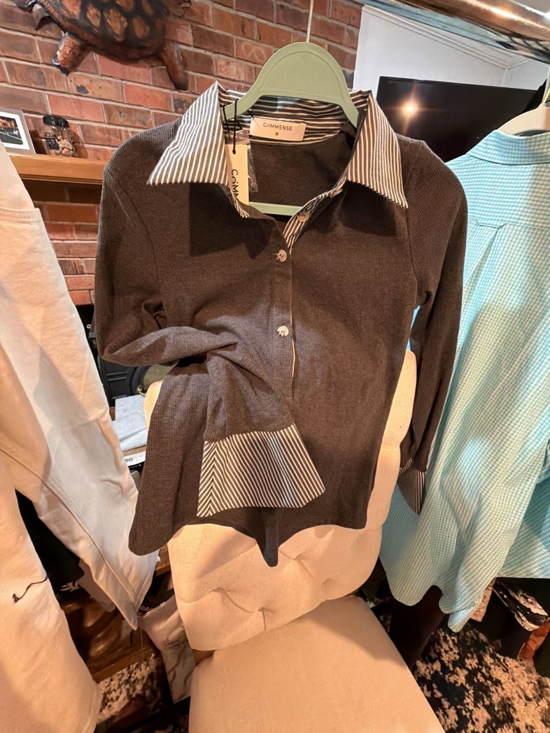 Commense Striped Shirt Panel Knit Top Grey Medium 3
