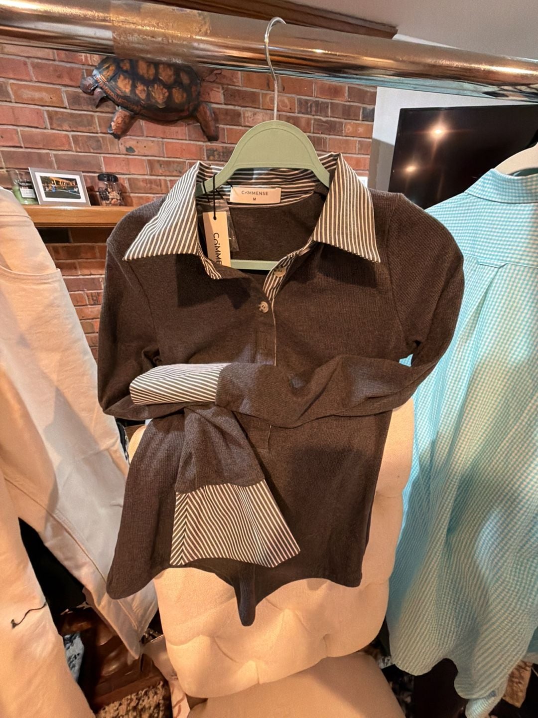 Commense Striped Shirt Panel Knit Top Grey Medium 5