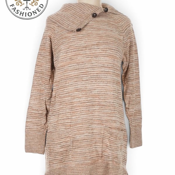 Eight Eight Eight Women's Size M Tan Space Dye Button Cowl Neck Long Sweater