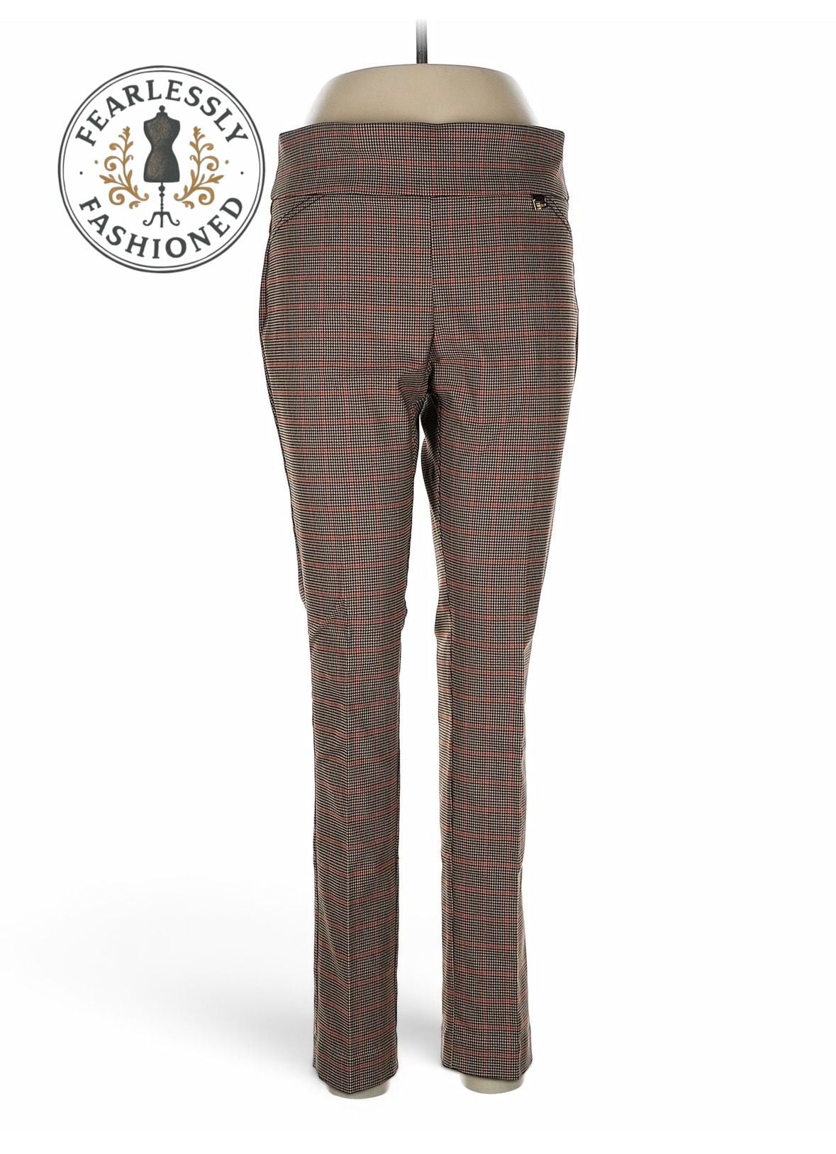 Anne Klein Plaid Pull-On Ankle Pants Women's Size 10 Houndstooth Red Brown 2