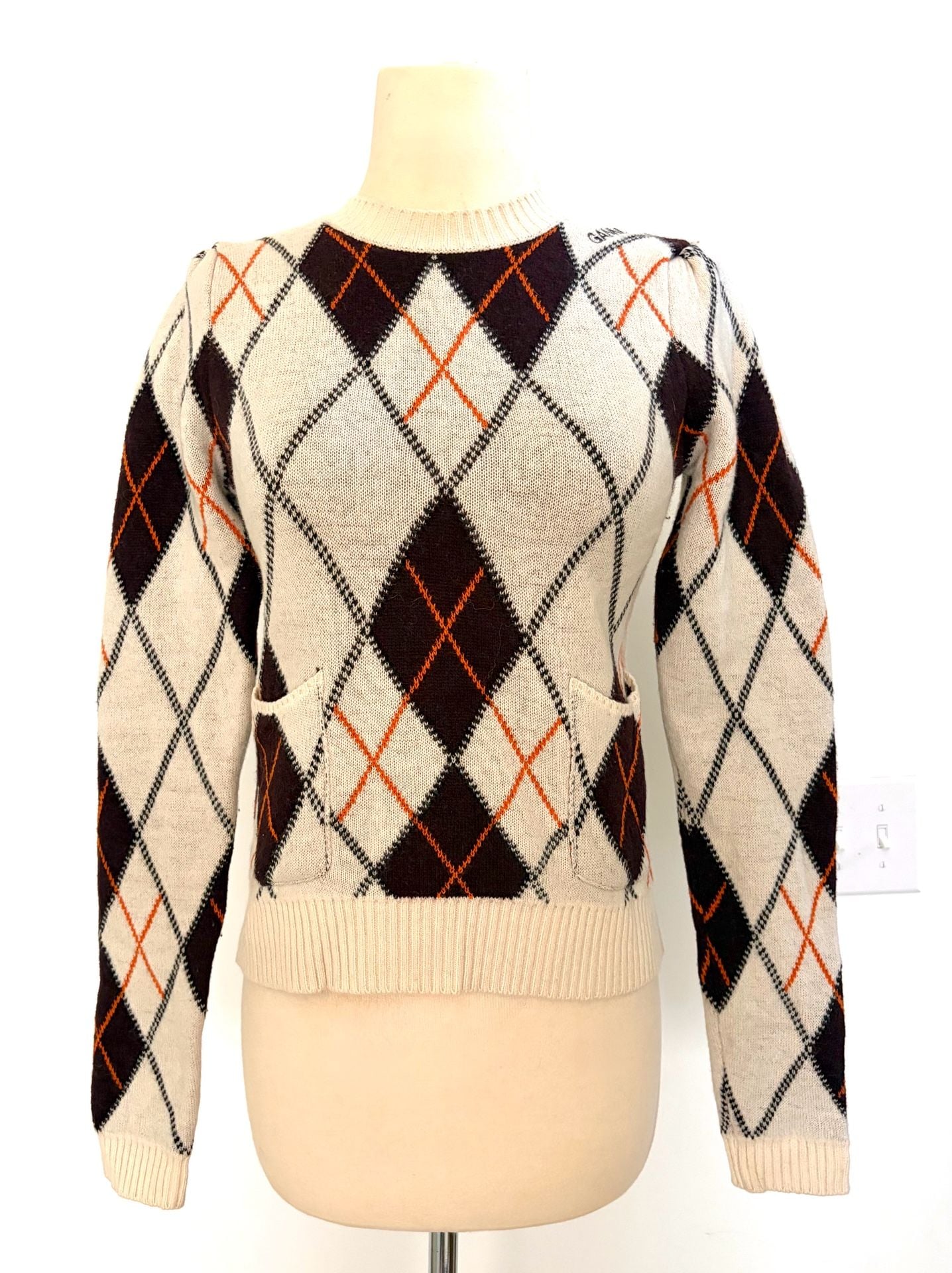 GANNI Argyle Wool Cropped Sweater with Pockets Brown Off White Orange SZ SM 2