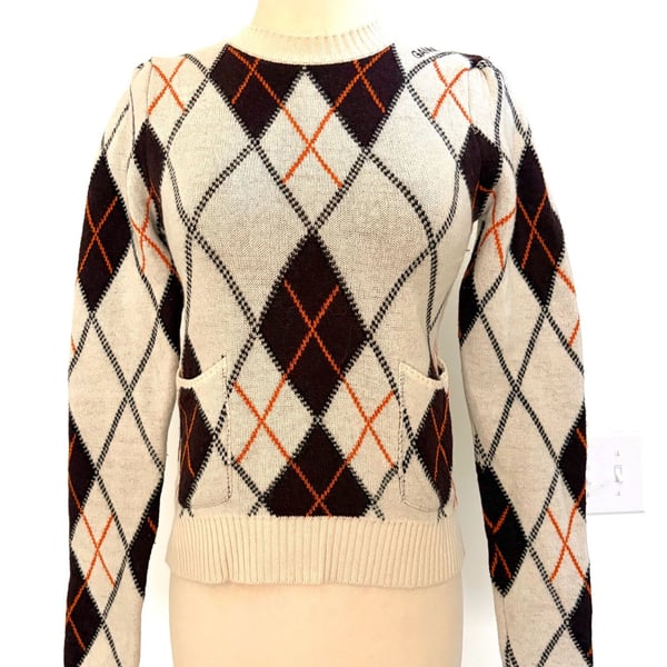 GANNI Argyle Wool Cropped Sweater with Pockets Brown Off White Orange SZ SM