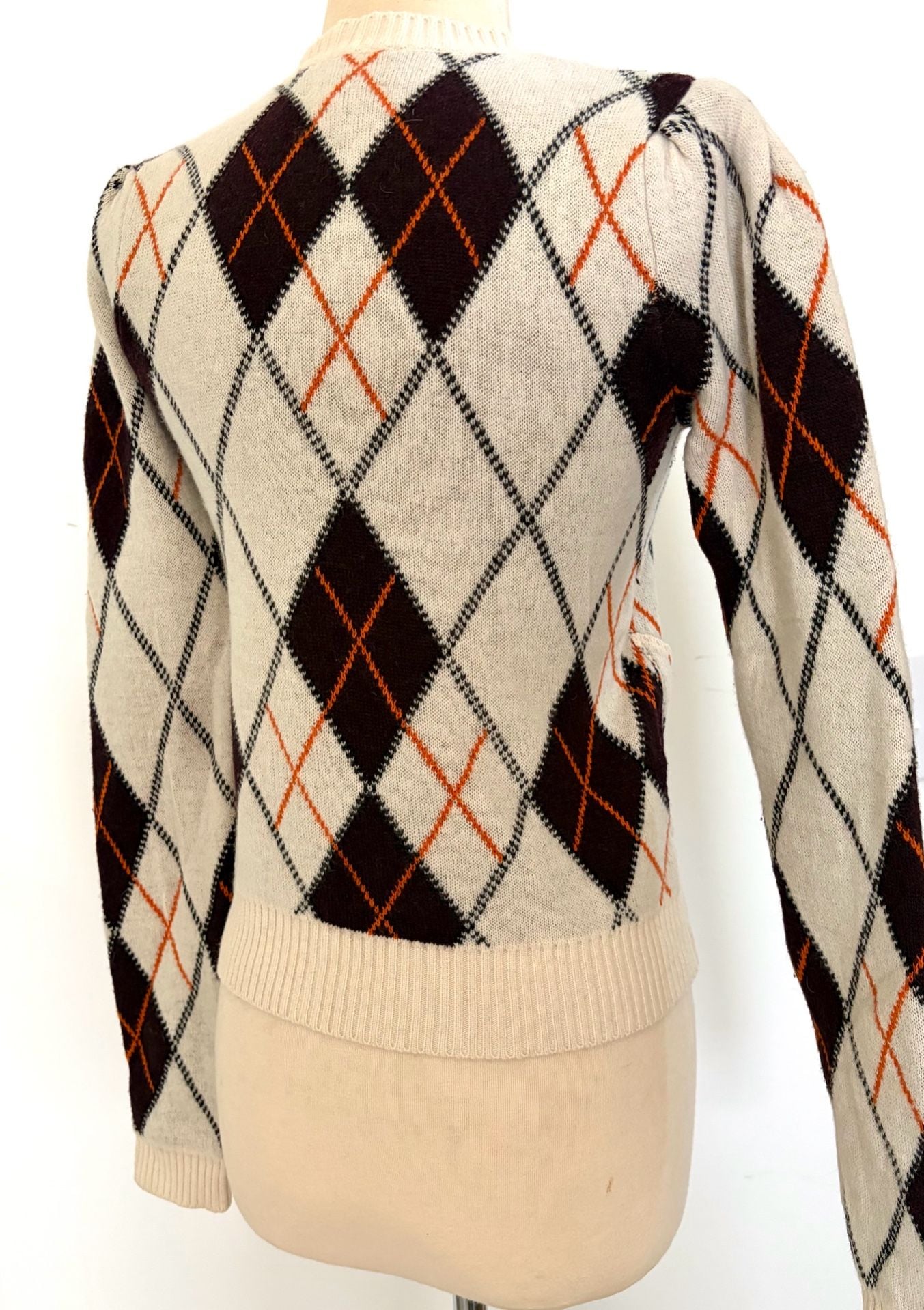 GANNI Argyle Wool Cropped Sweater with Pockets Brown Off White Orange SZ SM 4