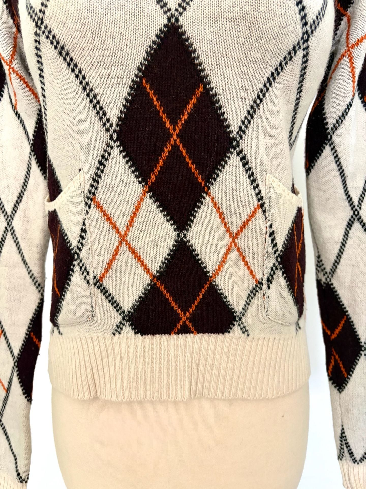 GANNI Argyle Wool Cropped Sweater with Pockets Brown Off White Orange SZ SM 5