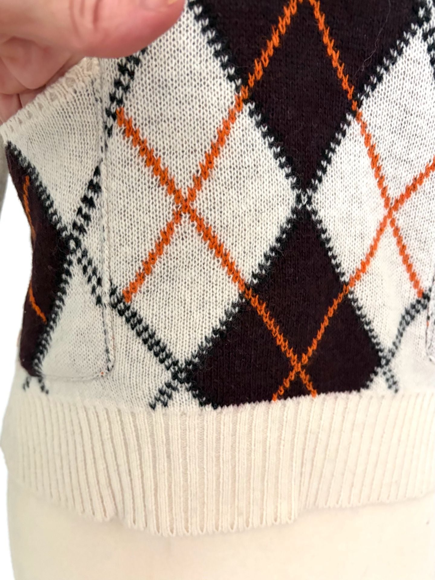 GANNI Argyle Wool Cropped Sweater with Pockets Brown Off White Orange SZ SM 6