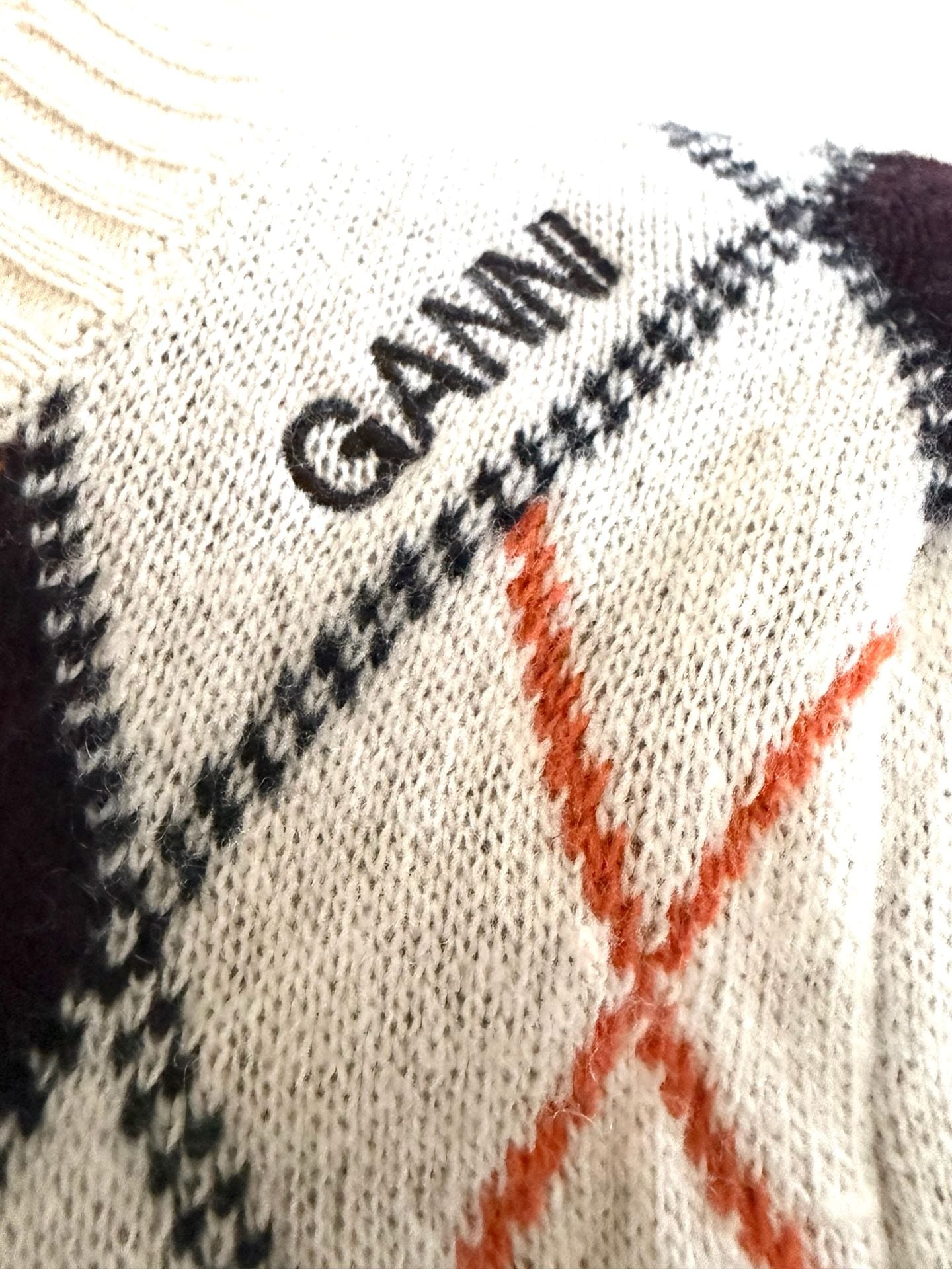 GANNI Argyle Wool Cropped Sweater with Pockets Brown Off White Orange SZ SM 7